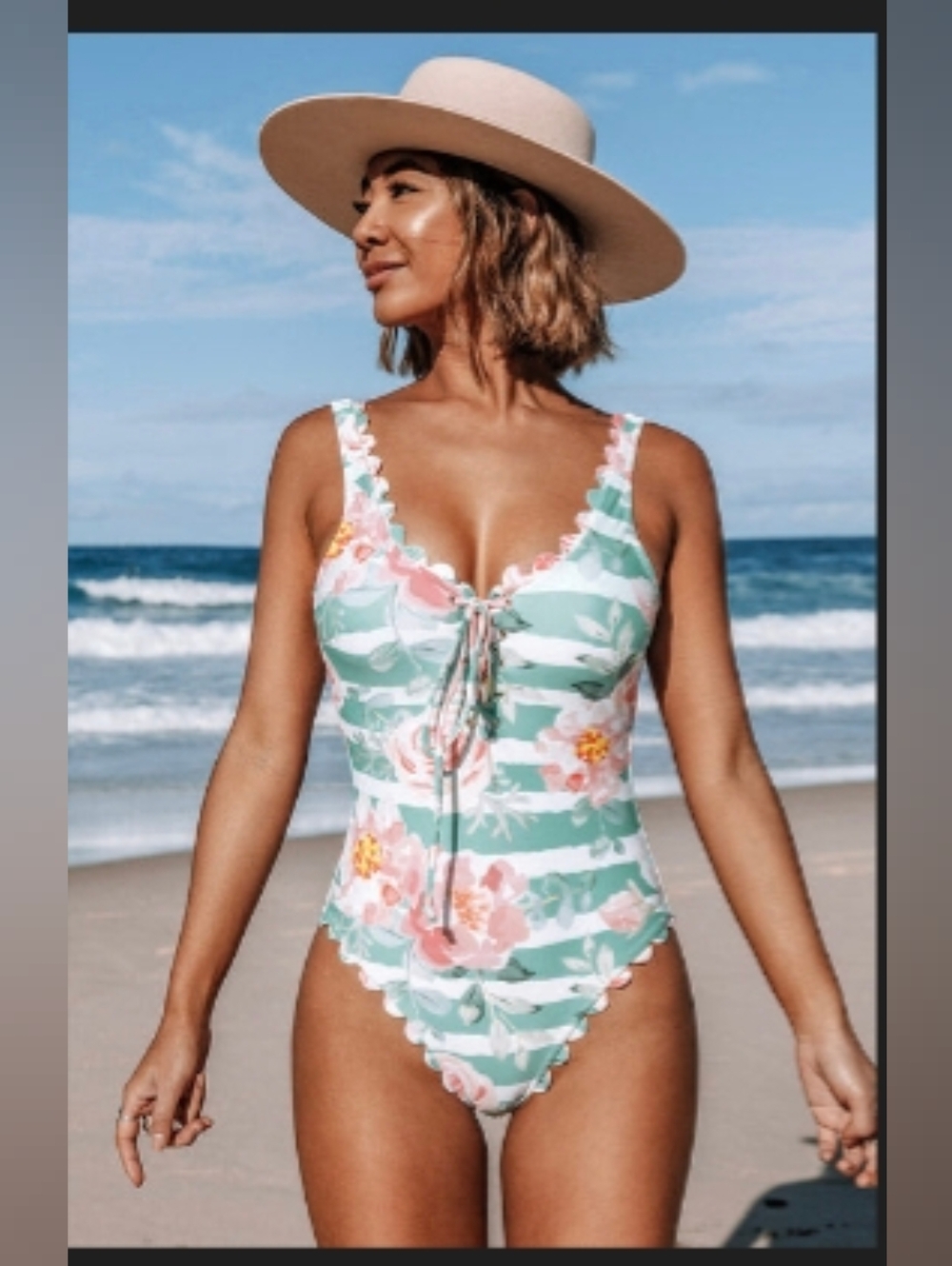 Cupshe Mint and Pink Floral Lace-Edge One-Piece